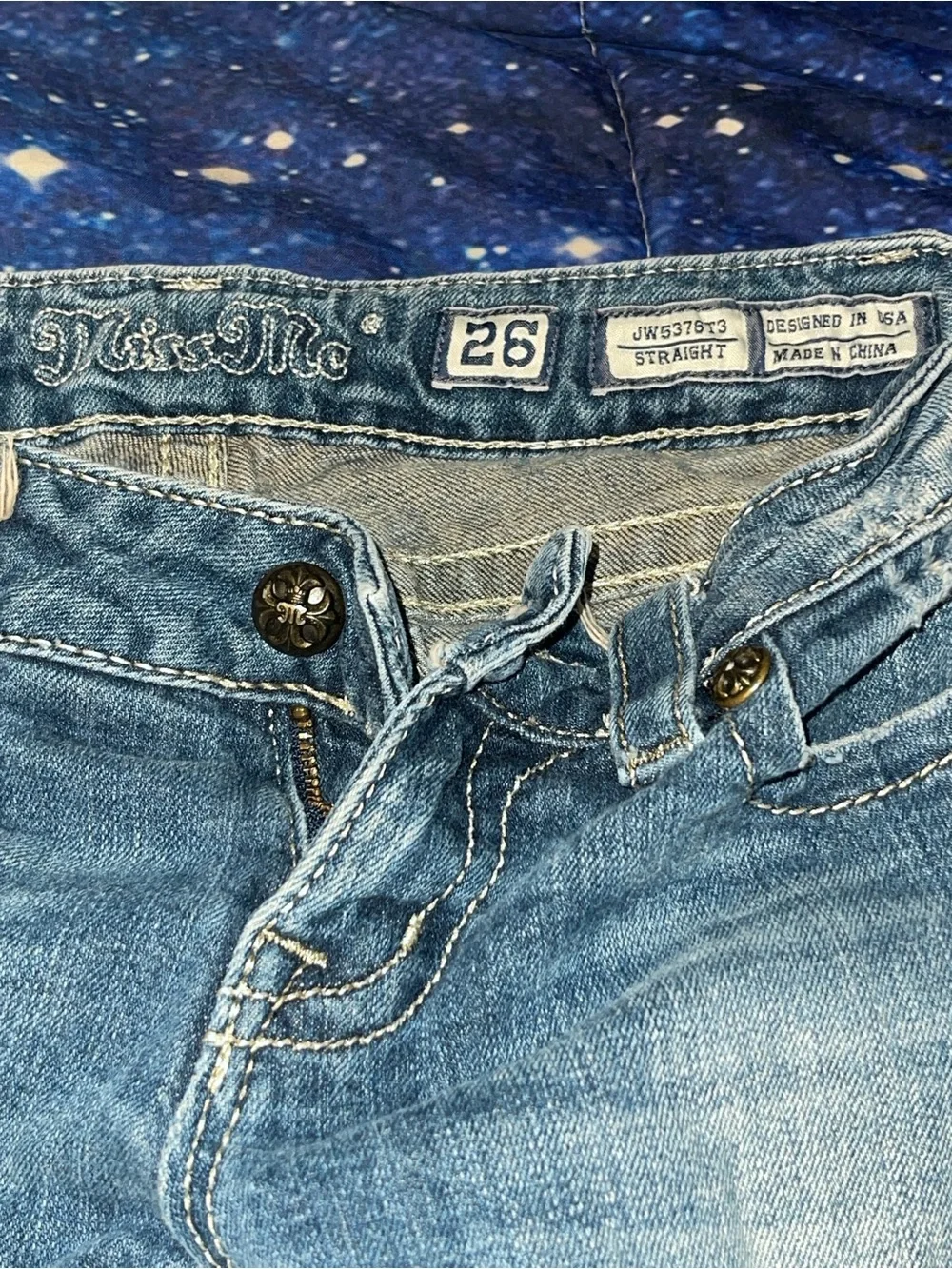 Miss Me Straight Leg Jeans Size 26 Ornate Gold Scrollwork Rhinestone Bling Y2K.
